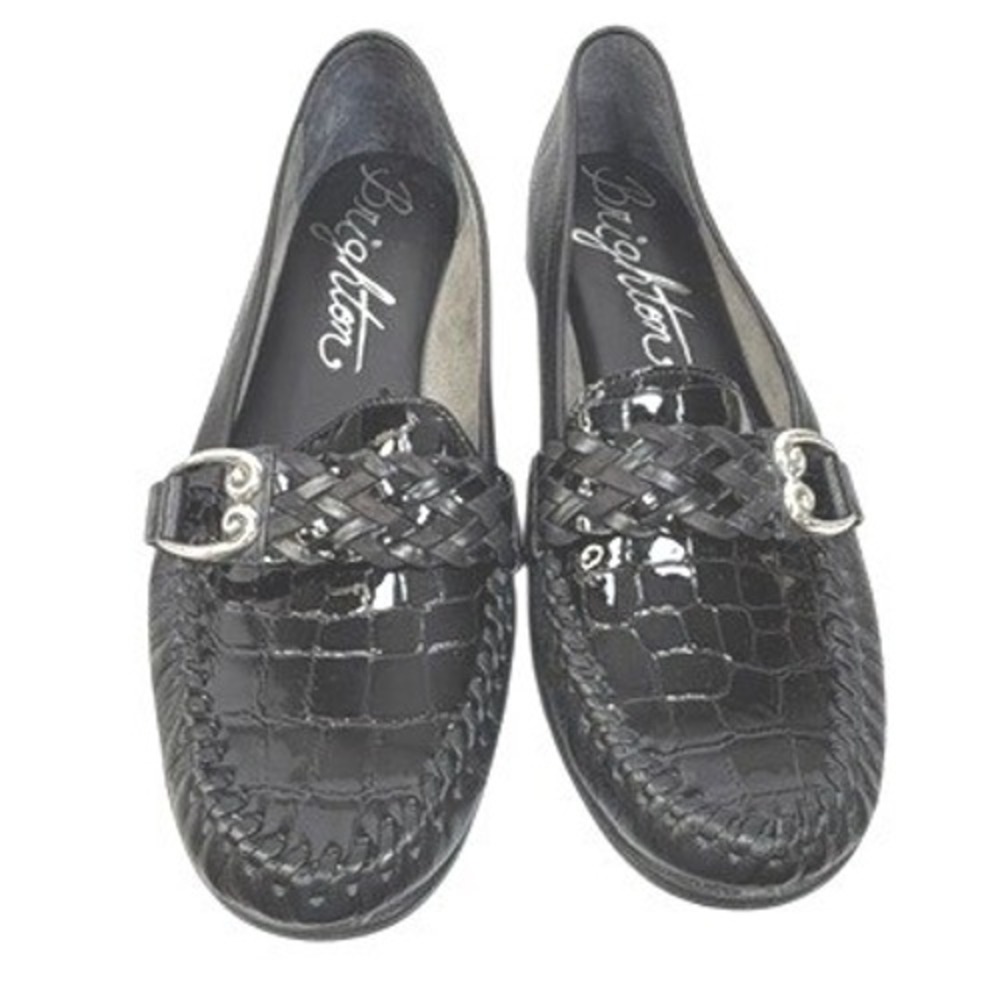 Brighton Mesa Patent Leather Loafers Croc Embossed Heart Buckle Black Size 7.5M